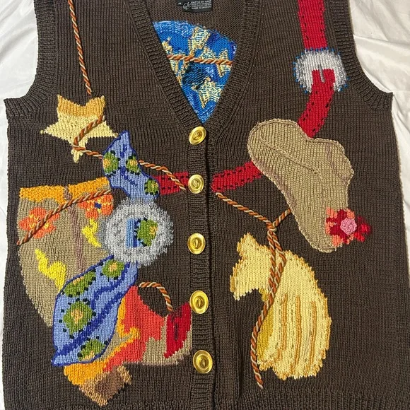 Vtg 90s Berek Marta D Sweater Vest M Wearable Art Hand Knit Western Cowgirl - Picture 8 of 16